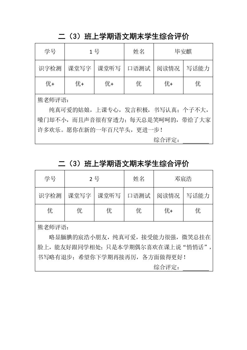 45份语文特色评价评语-资源基地