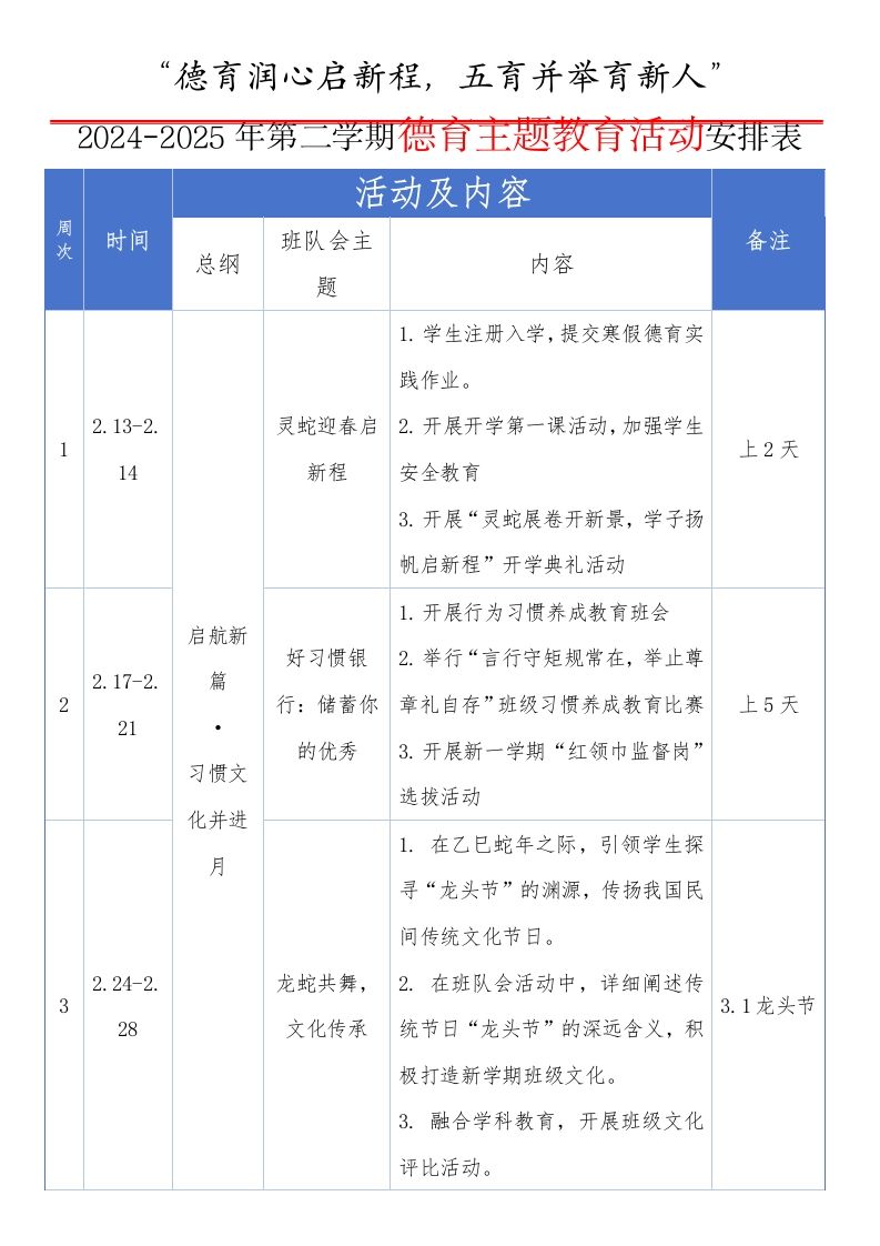 2024-2025春季德育主题活动安排表-资源基地