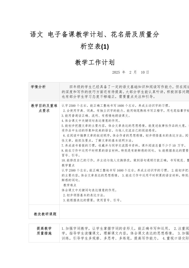 语文电子备课教学计划、花名册及质量分析空表(1)-资源基地