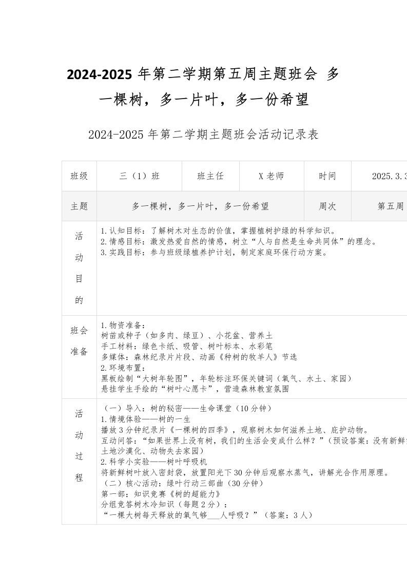 2024-2025年第二学期第五周主题班会多一棵树，多一片叶，多一份希望-资源基地