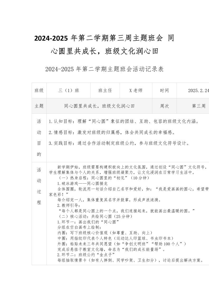 2024-2025年第二学期第三周主题班会同心圆里共成长，班级文化润心田-资源基地