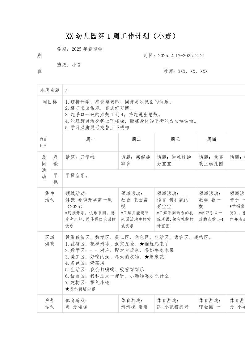 XX幼儿园第1周工作计划（小班）-资源基地