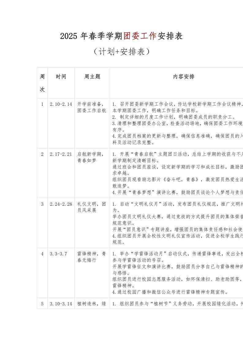 2025年春季学期团委工作安排表（计划安排表）-资源基地