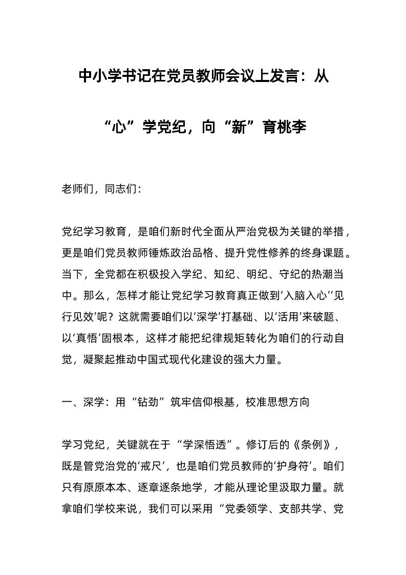 中小学书记在d员教师会议上发言：从“心”学d纪，向“新”育桃李-资源基地