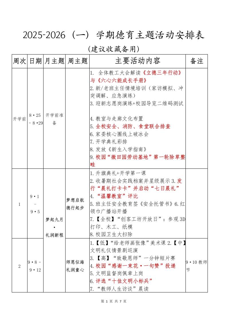 2025-2026（一）秋季第一学期德育活动安排表-资源基地