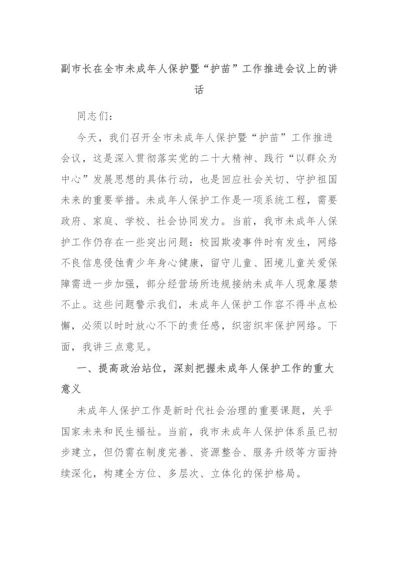 副市长在全市未成年人保护暨“护苗”工作推进会议上的讲话-资源基地