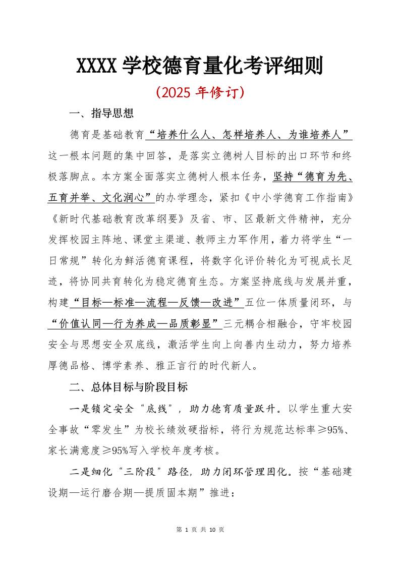 XX学校德育量化考评细则（2025年修订）-资源基地