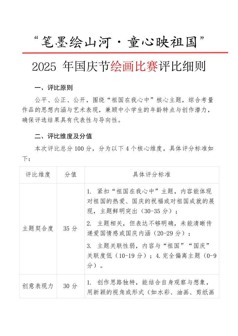 “笔墨绘山河・童心映祖国”——2025年国庆节绘画比赛评比细则-资源基地