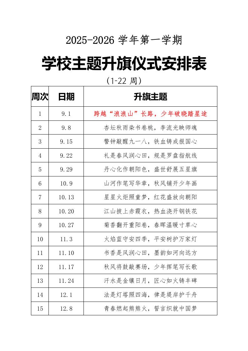 2025年秋季第一学期升旗仪式安排表21周-资源基地