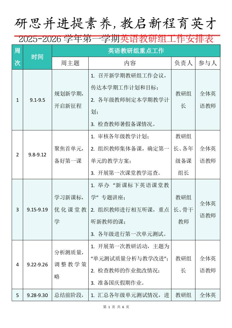 2025-2026学年第一学期英语教研组工作安排表：研思并进提素养，教启新程育英才-资源基地