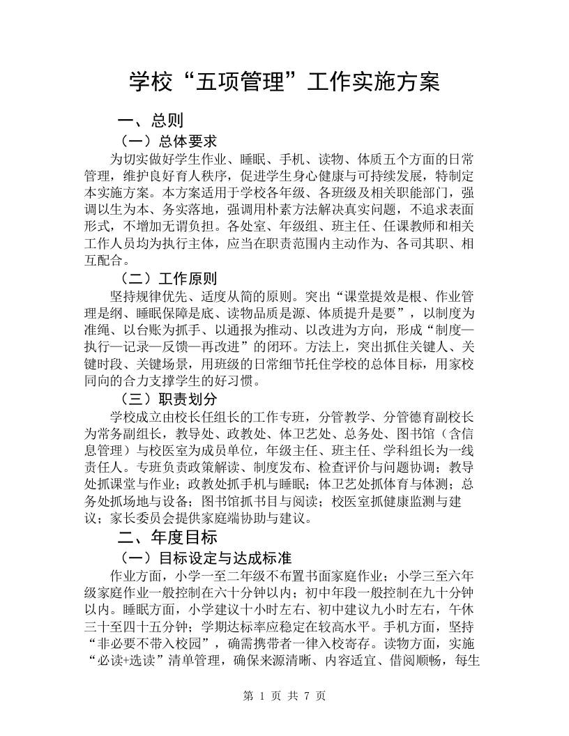 学校“五项管理”工作实施方案（修订版）-资源基地