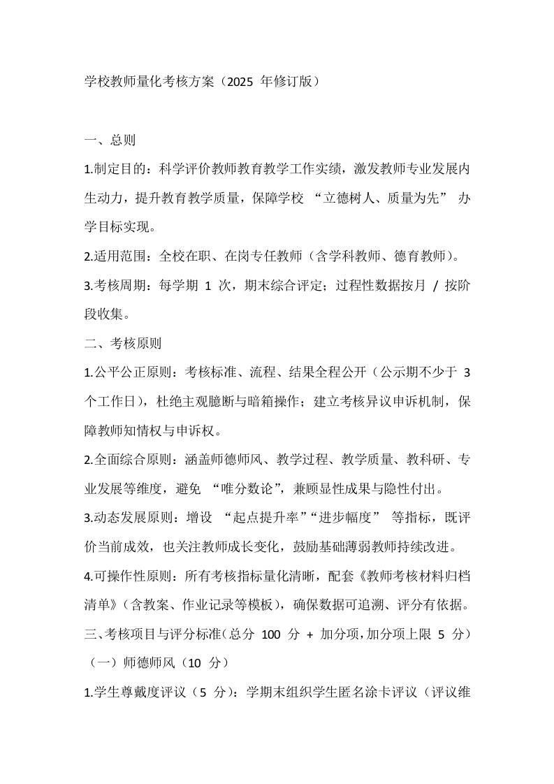 学校教师量化考核方案（2025年修订版）-资源基地