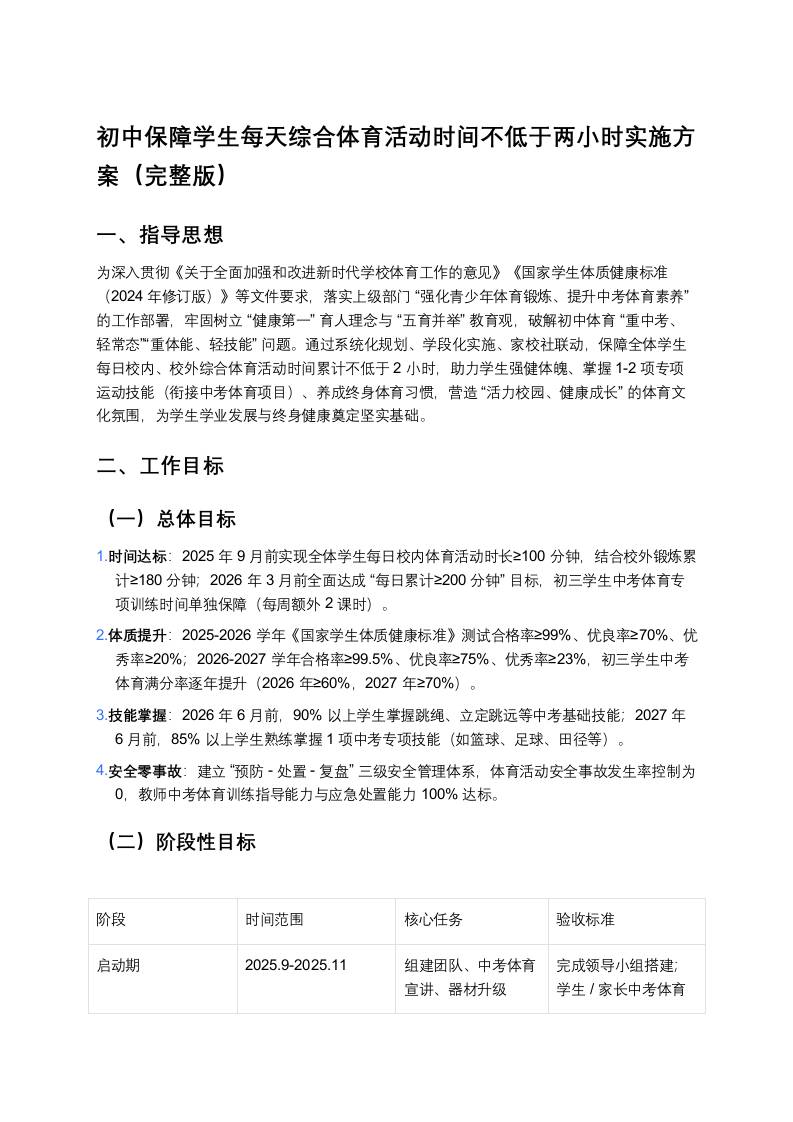 初中保障学生每天综合体育活动时间不低于两小时实施方案（完整版）-资源基地
