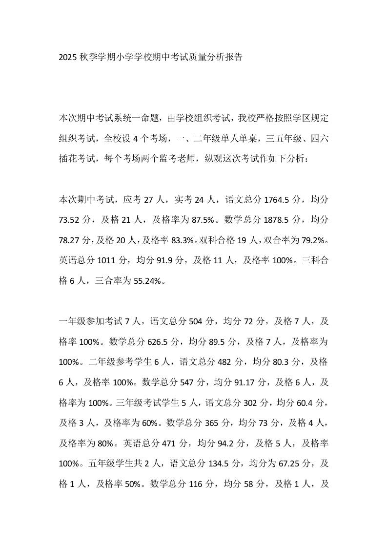 2025秋季学期小学学校期中考试质量分析报告-资源基地