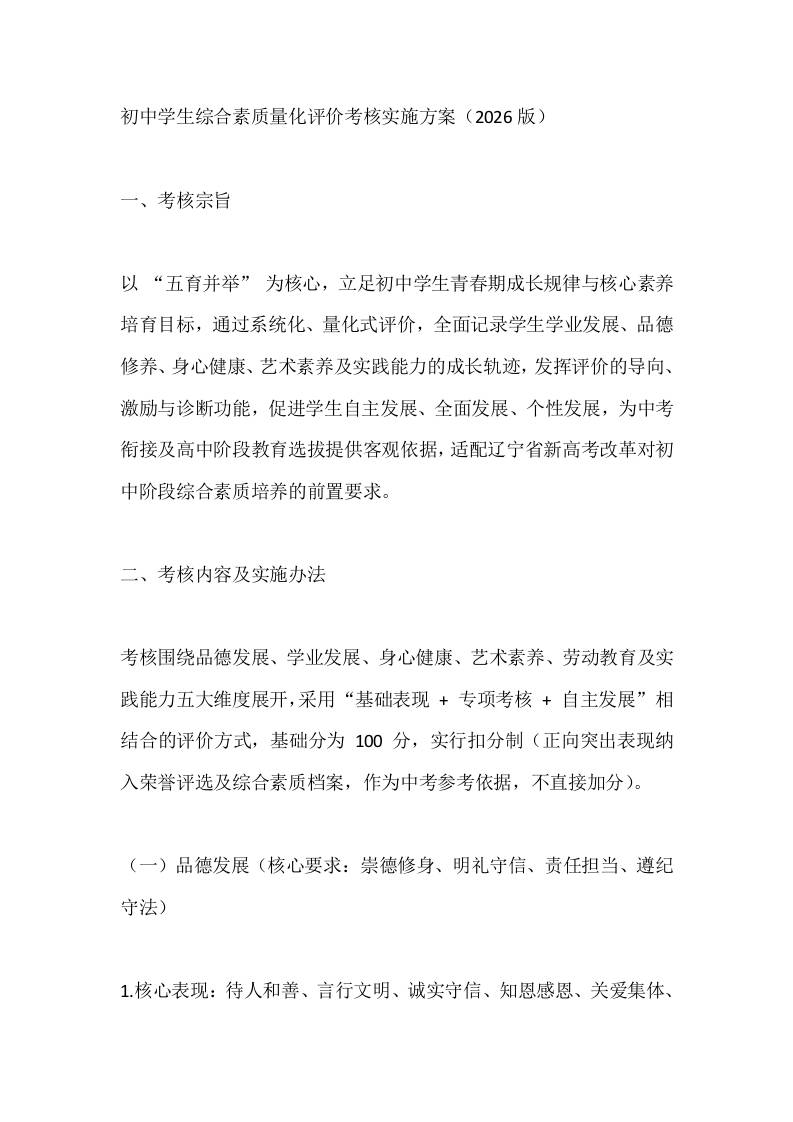 初中学生综合素质量化评价考核实施方案（2026版）-资源基地