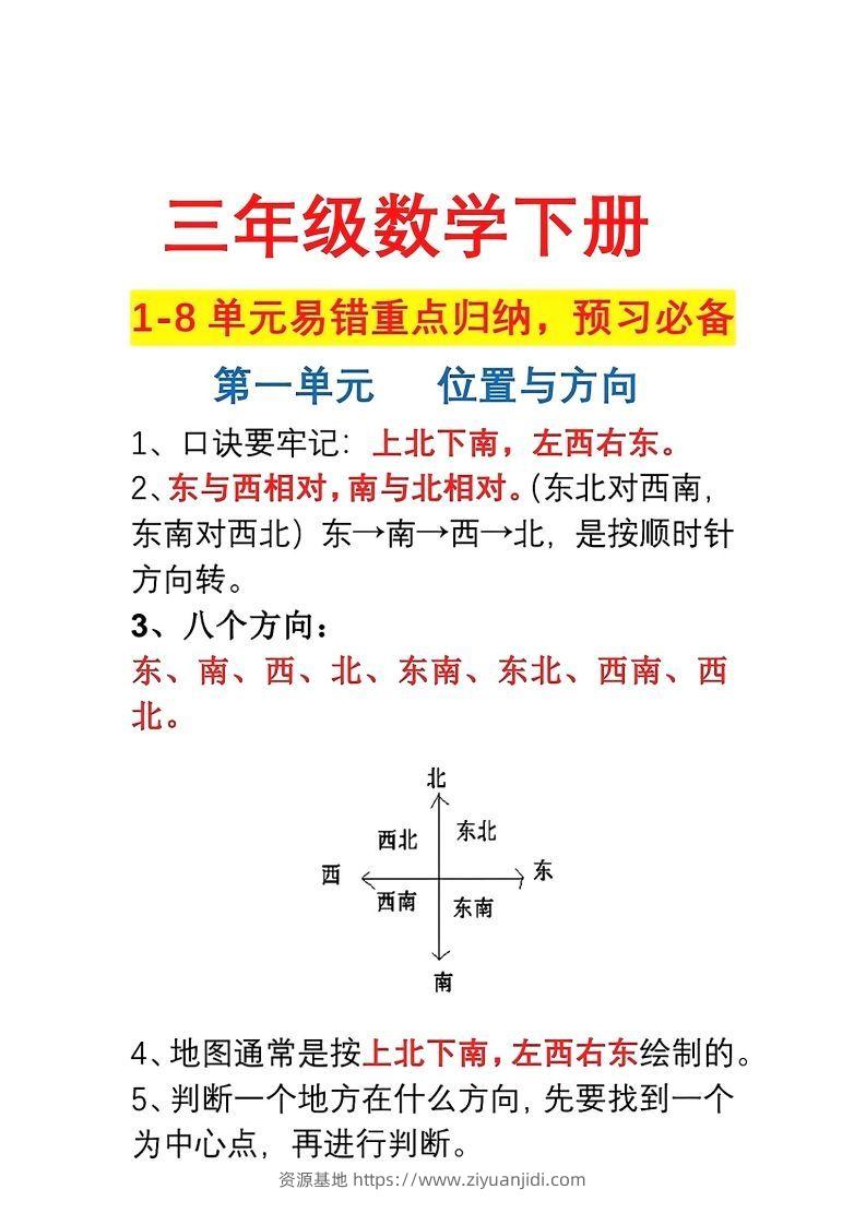 三年级数学下册1-8单元易错重点归纳-资源基地