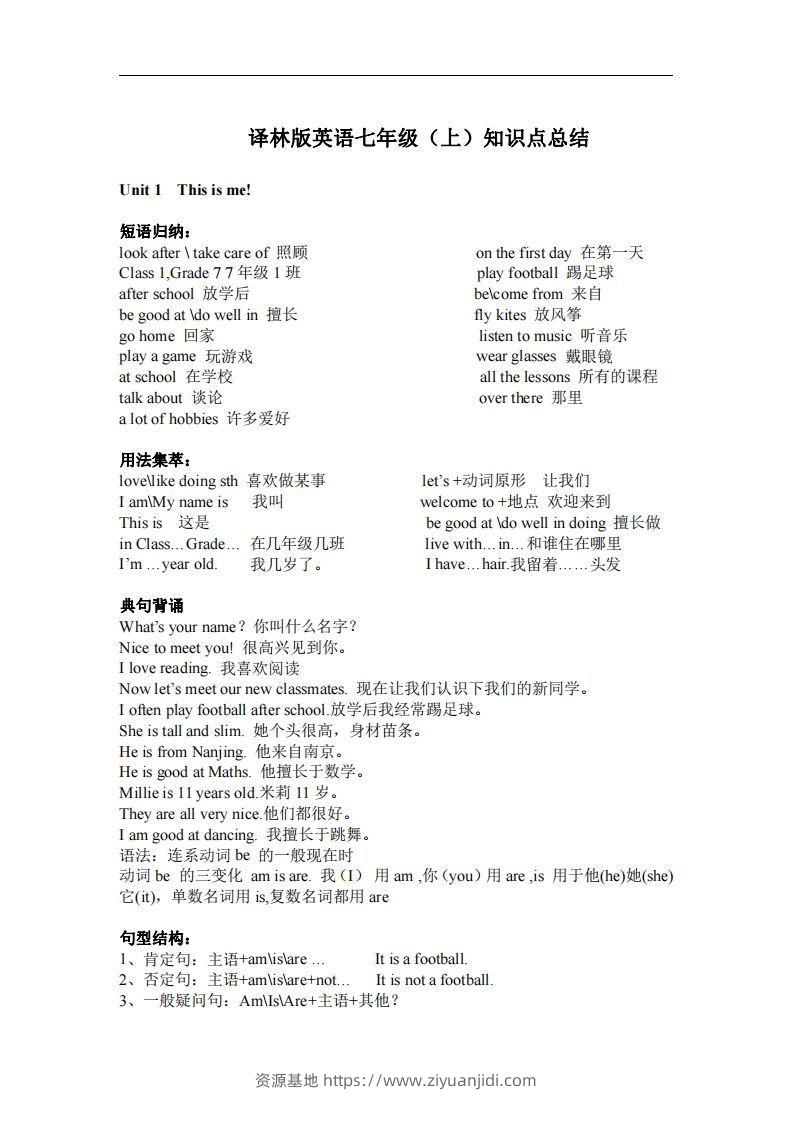 译林版英语七年级上册单元知识点总结-资源基地