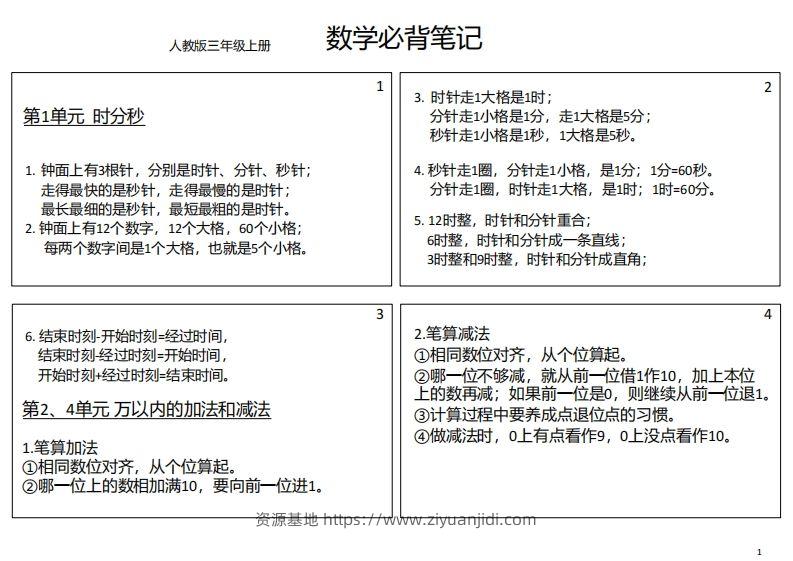 【人教三年级】数学上册必背笔记-资源基地
