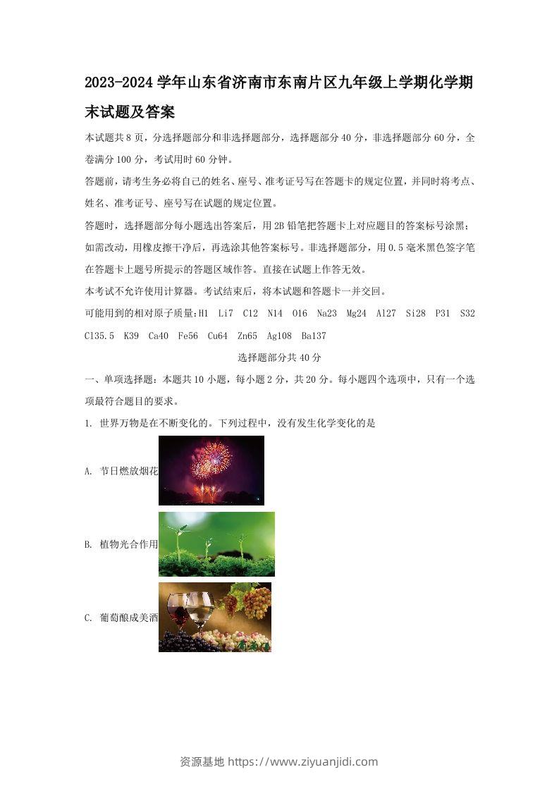 2023-2024学年山东省济南市东南片区九年级上学期化学期末试题及答案(Word版)-资源基地