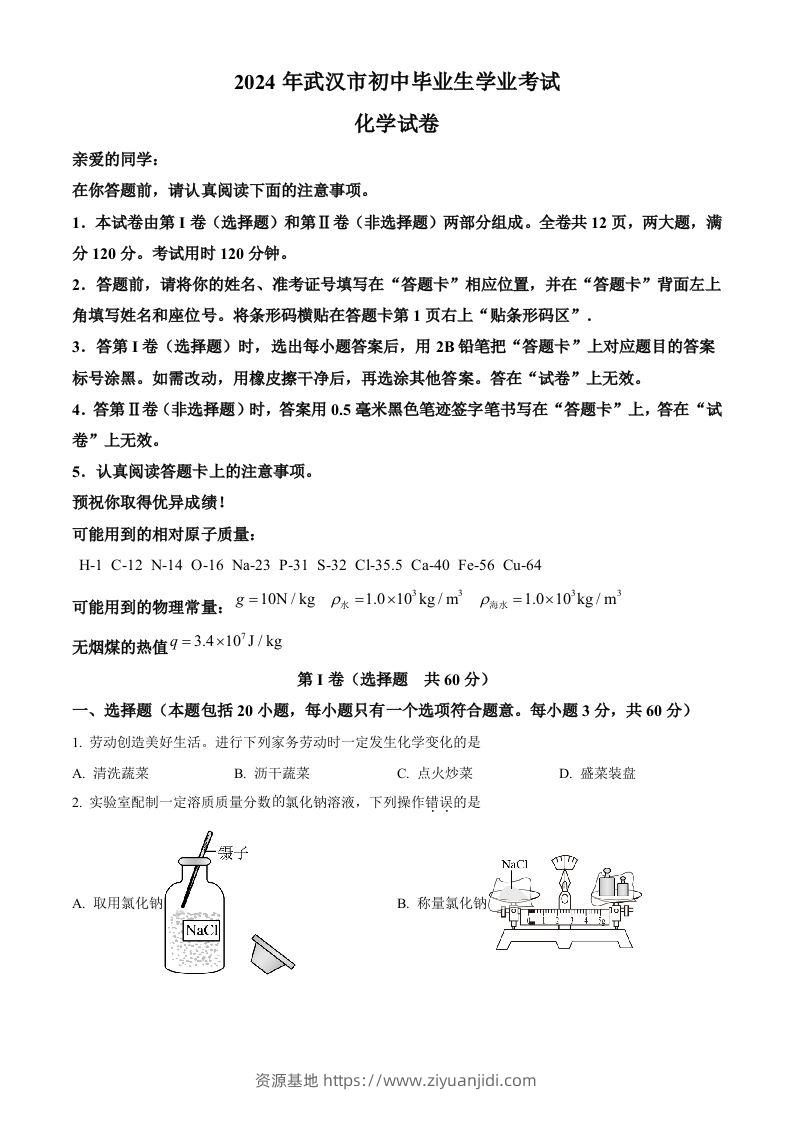 2024年湖北省武汉市中考化学真题（空白卷）-资源基地
