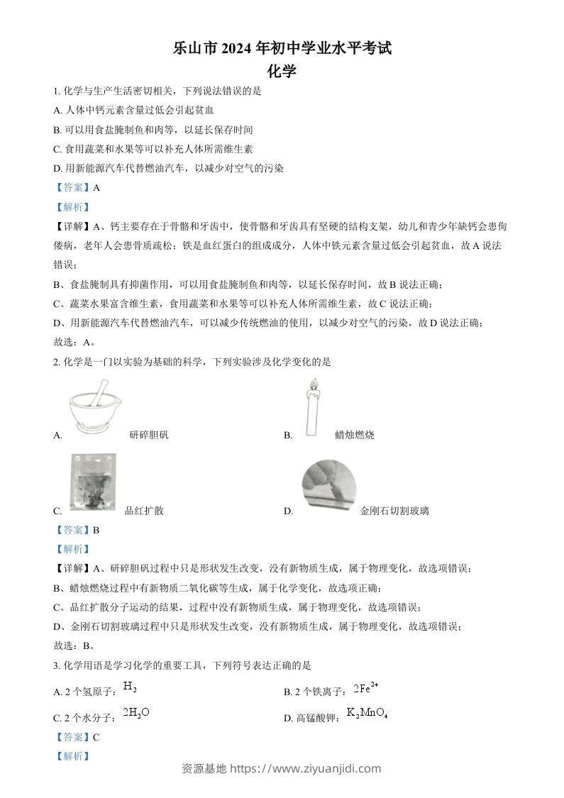 2024年四川省乐山市中考化学真题（含答案）-资源基地