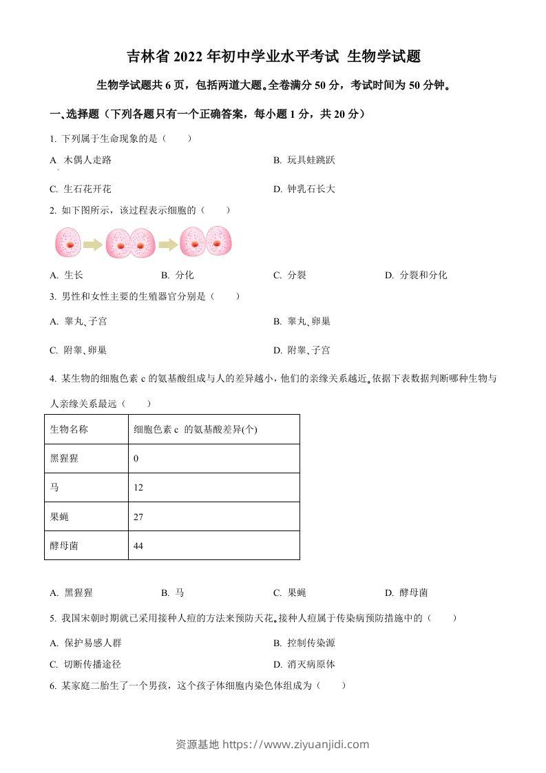 2022年吉林省大安市中考生物真题（空白卷）(1)-资源基地