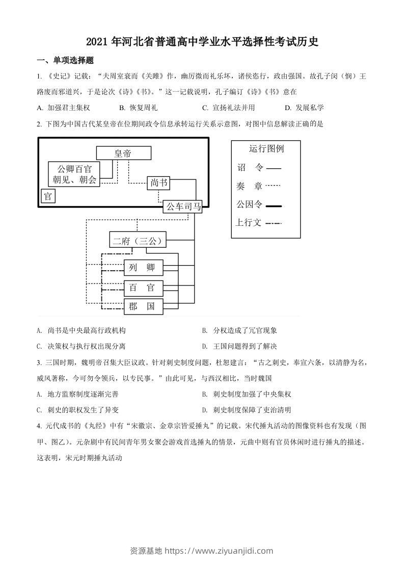 2021年高考历史试卷（河北）（空白卷）-资源基地