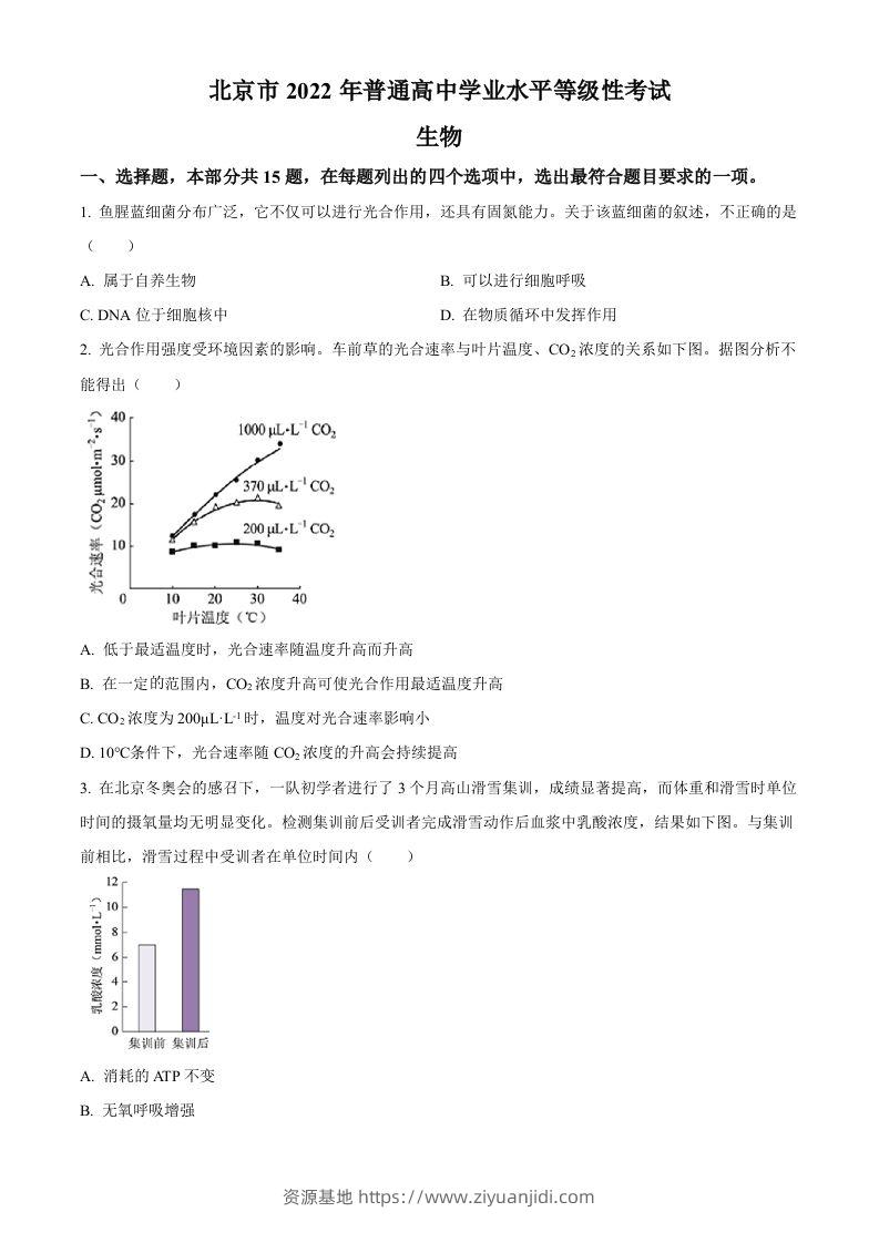 2022年高考生物试卷（北京）（空白卷）-资源基地