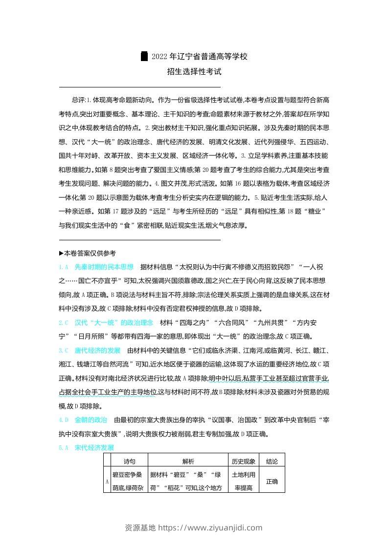 2022年高考历史试卷（辽宁）（含答案）-资源基地