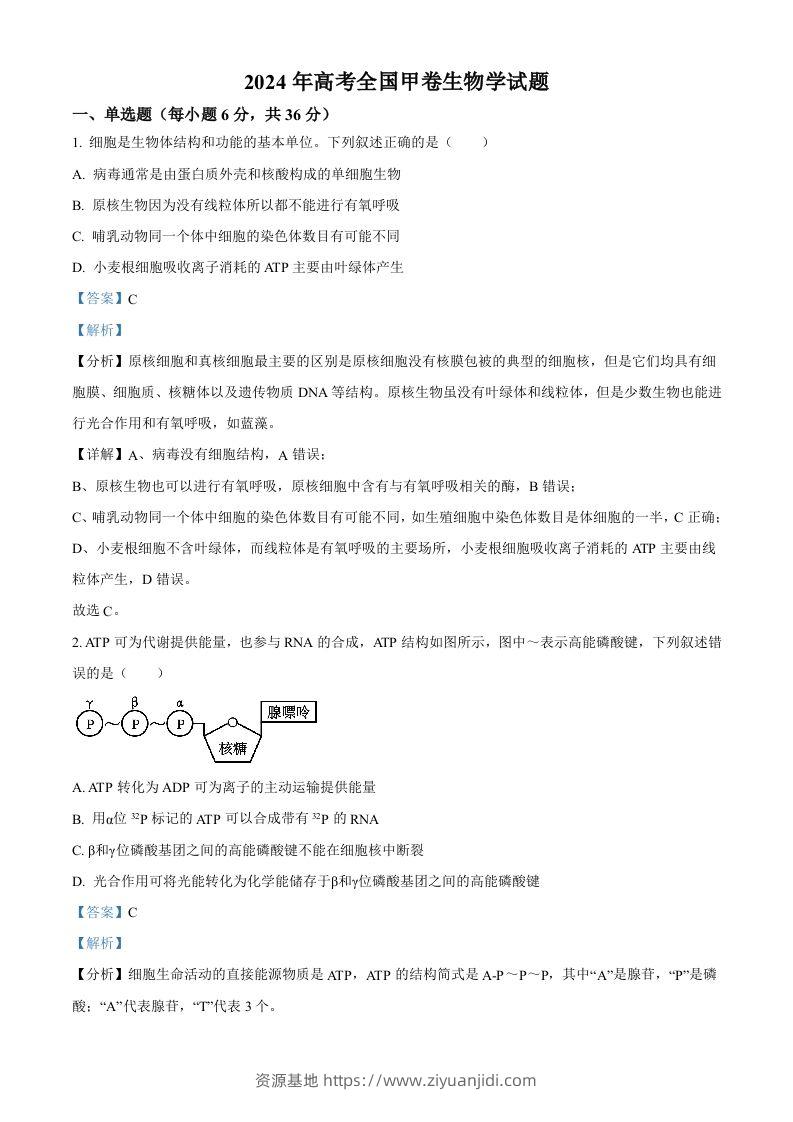 2024年高考生物试卷（全国甲卷）（含答案）-资源基地