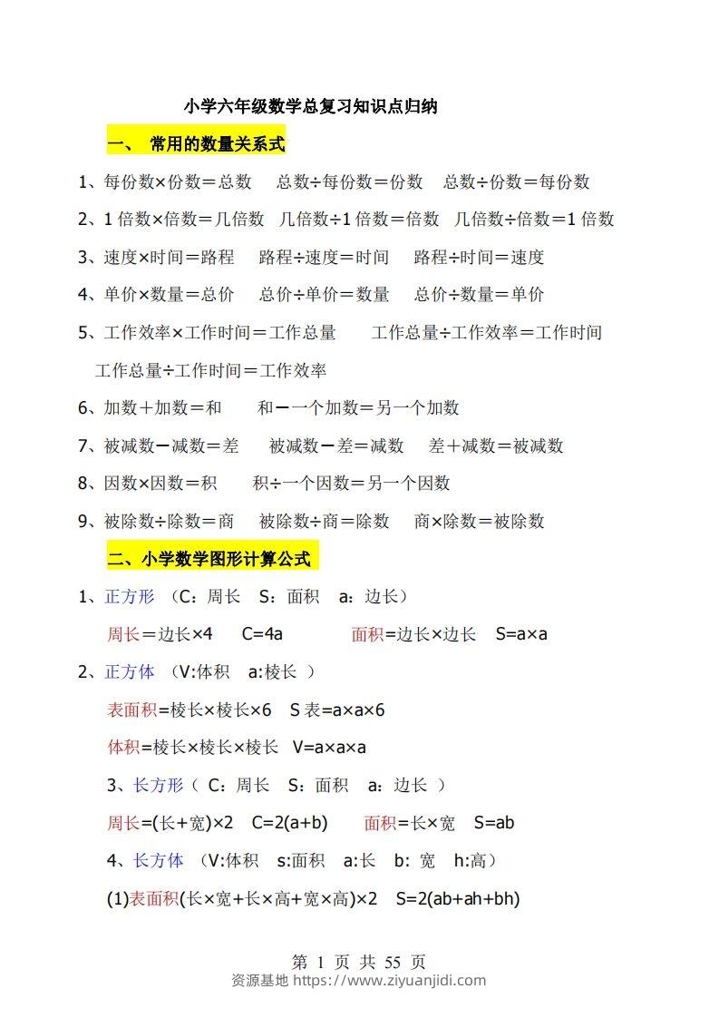 《小学六年级数学知识点归纳》六下数学【北师版】-资源基地