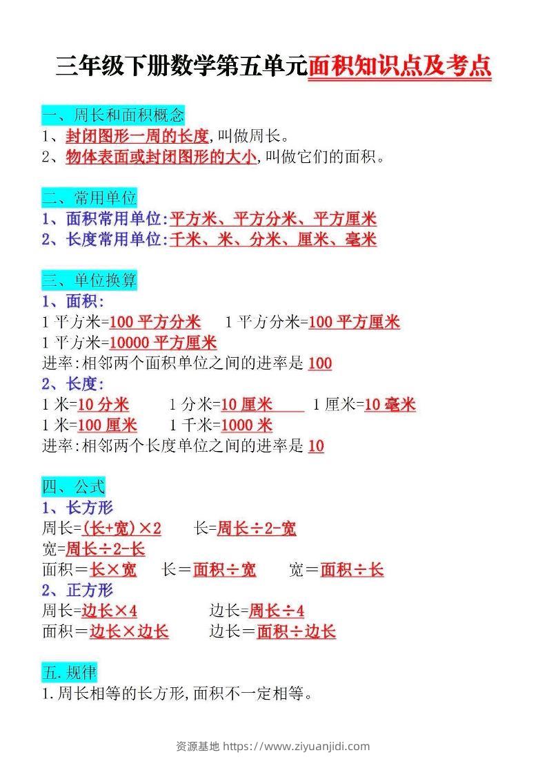 三下数学面积知识点与考点-资源基地