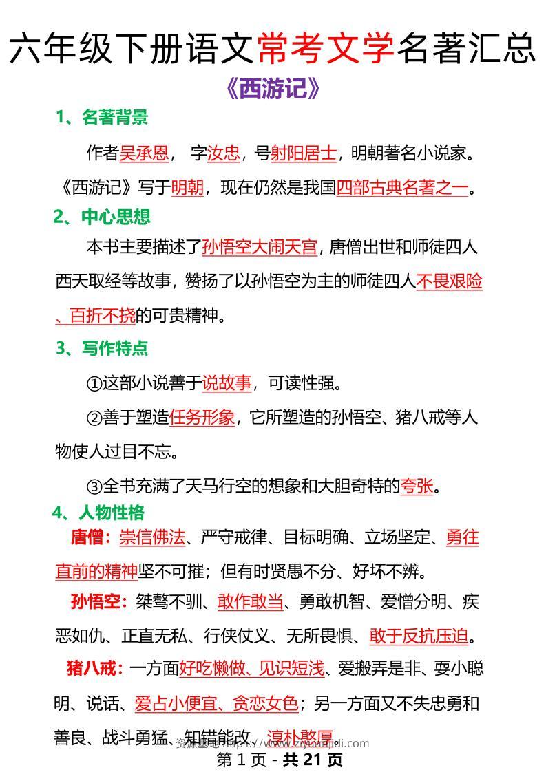 语文六年级下册常考文学名著汇总-资源基地