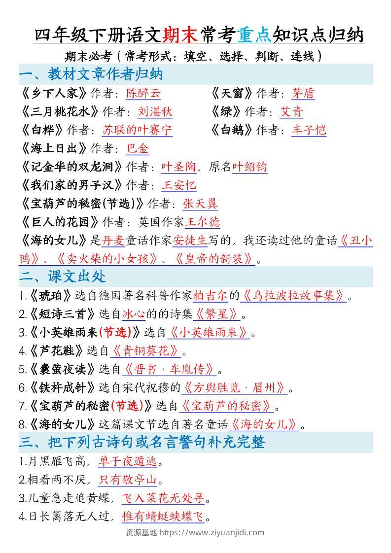 四年级下册语文期末常考重点知识点归纳-资源基地