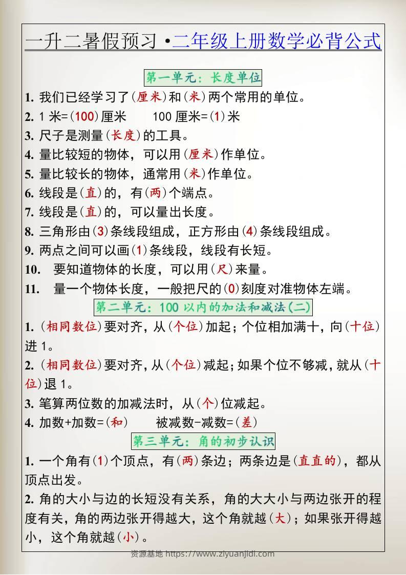 一升二暑假预习·二年级上册数学必背公式-资源基地