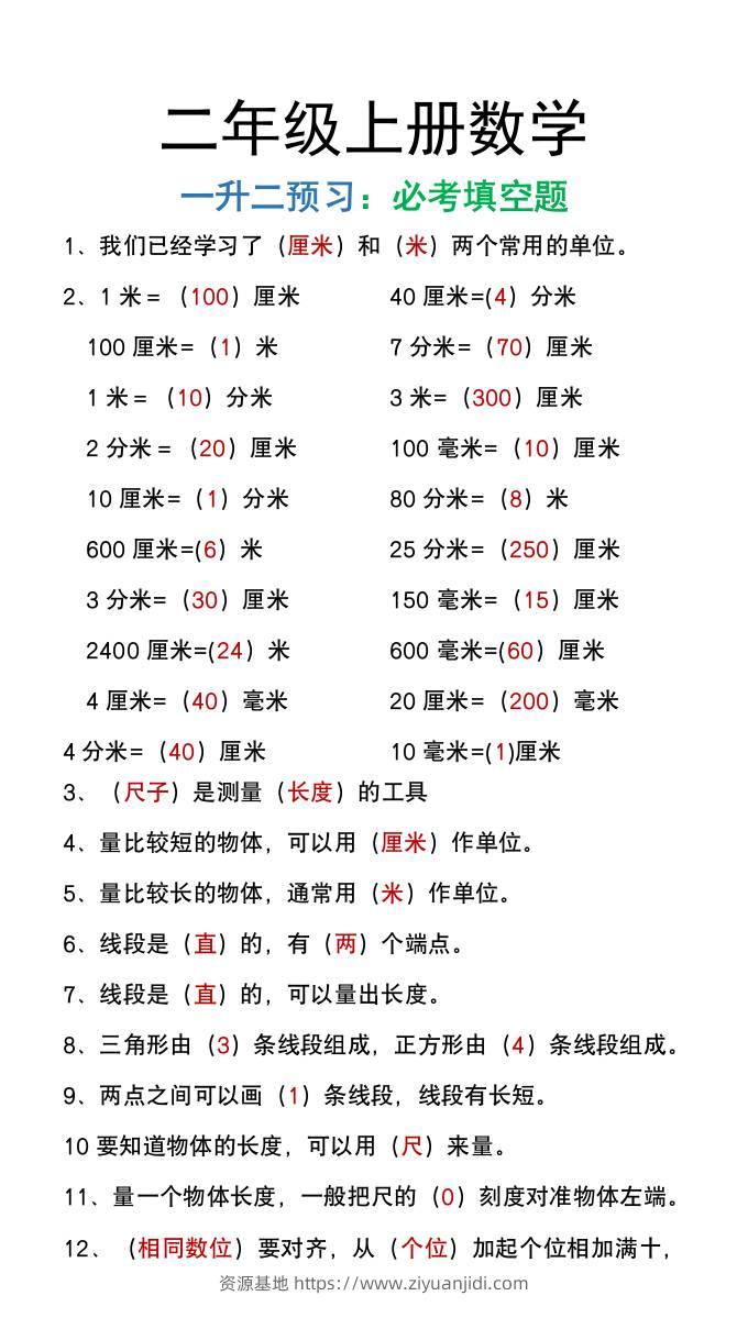 二年级上册数学暑假预习必做《重点填空题》-资源基地