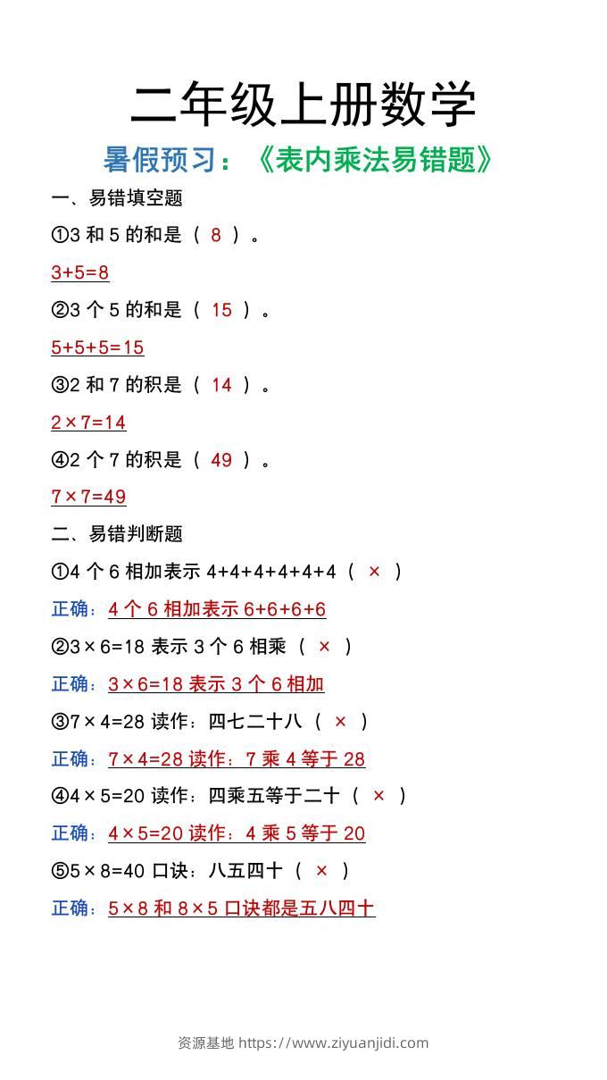 二年级上册数学暑假预习《表内乘法易错题》-资源基地