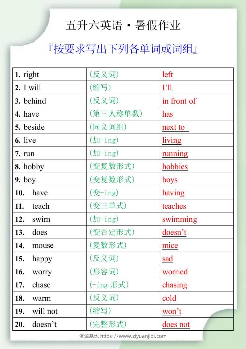 五升六英语暑假作业之按要求写出下列各单词或词组-六上英语-资源基地
