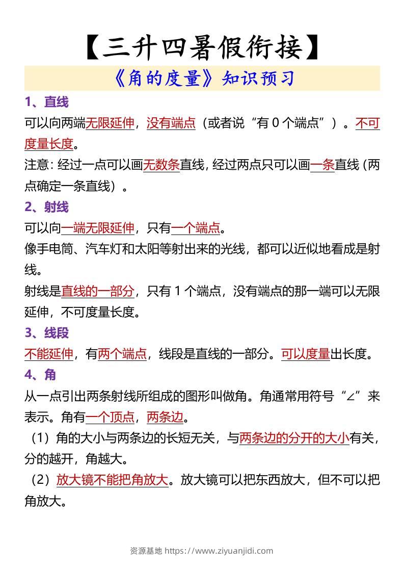 【三升四暑假衔接】《角的度量》知识预习-四上数学-资源基地