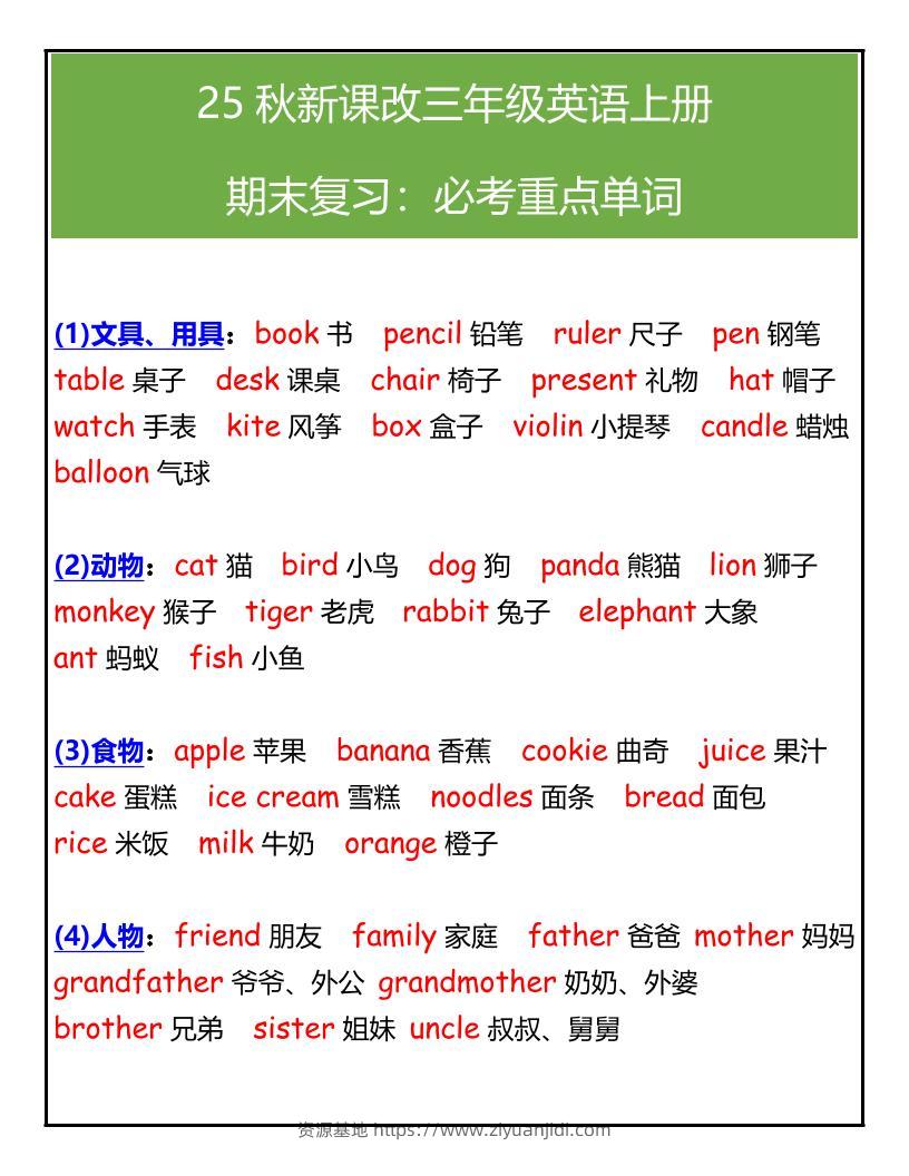 【2025秋新版】三年级英语上册期末必考重点单词汇总-资源基地