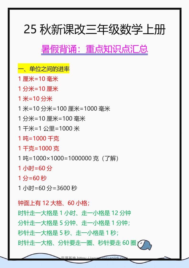 【2025秋新版】三年级数学上册重点知识点汇总-资源基地