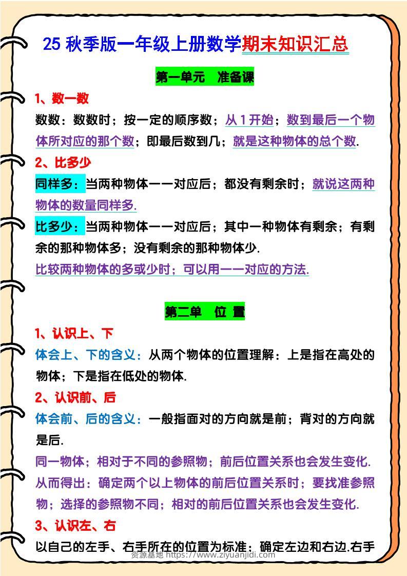 【2025秋新版】一年级上册数学期末知识汇总-资源基地