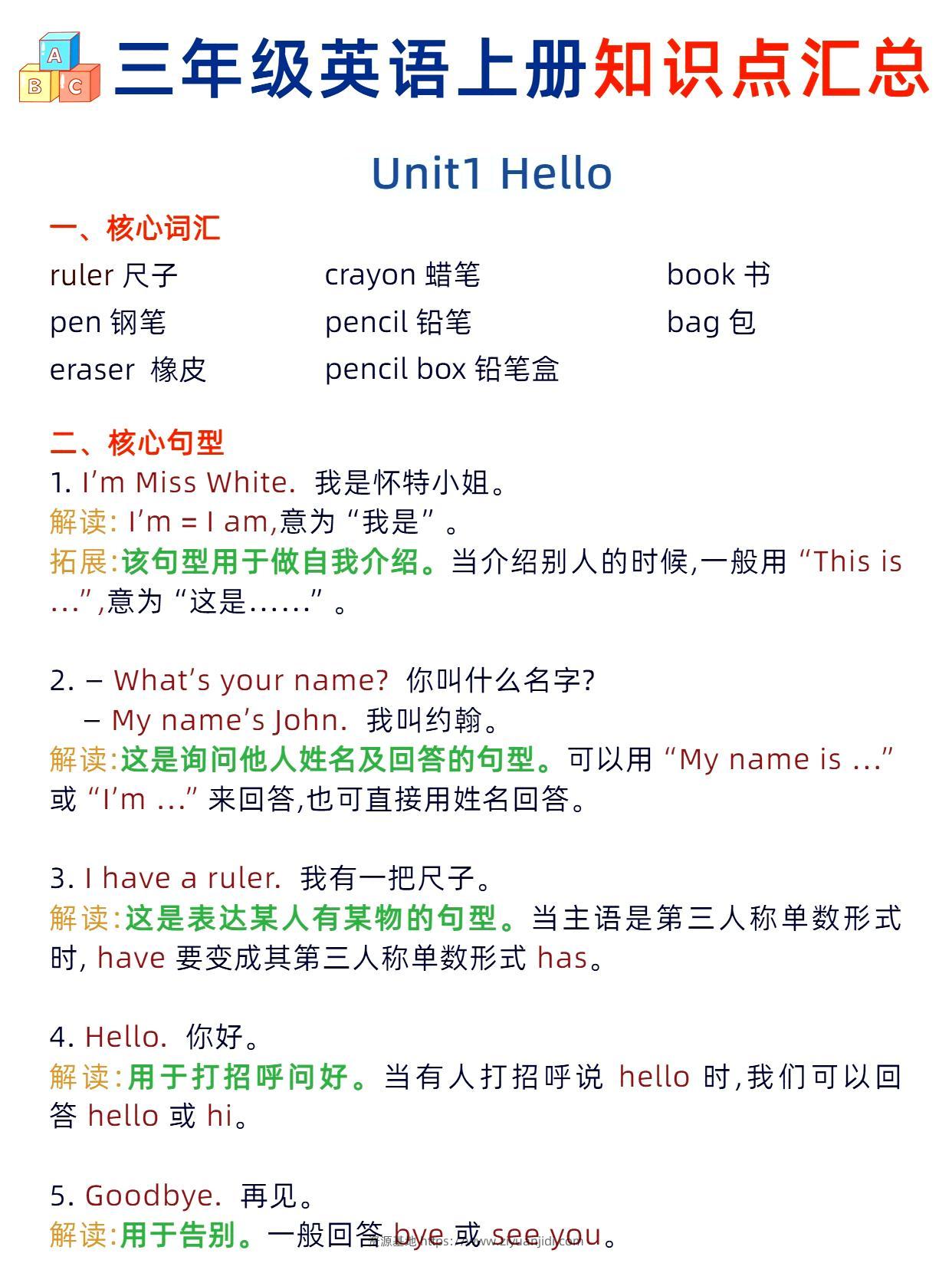 三年级英语上册知识点汇总-资源基地
