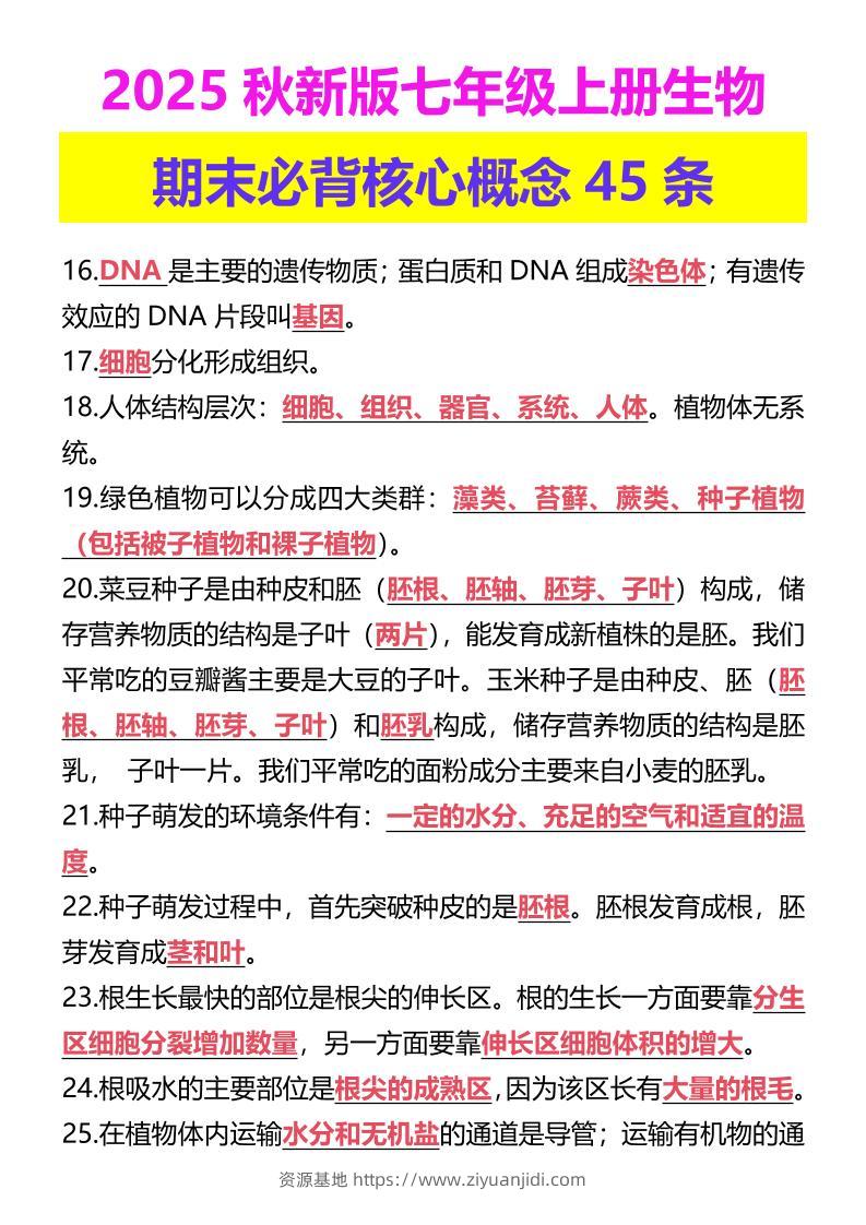 【2025秋新版】七年级上册生物期末必背核心概念45条-资源基地