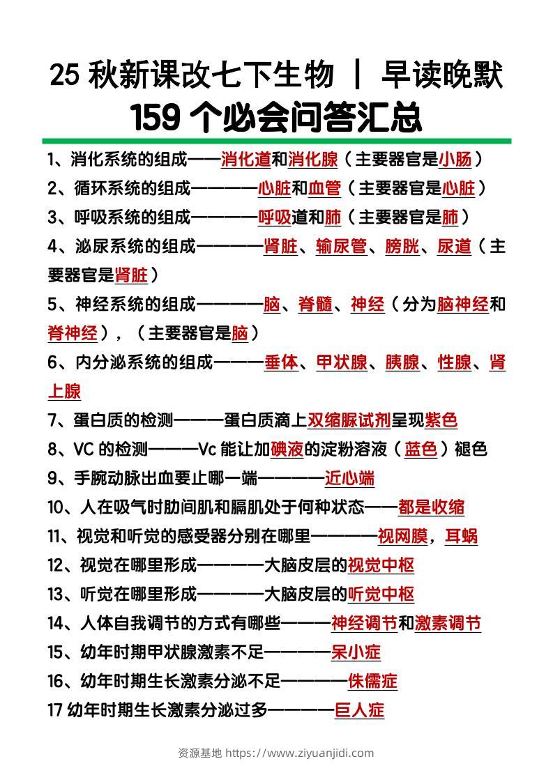 【2025秋新版】七下生物159个必会问答汇总-资源基地