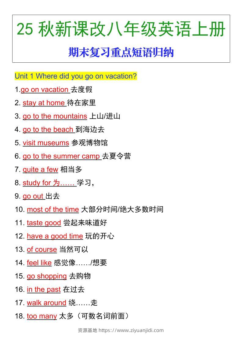 【2025秋新版】八年级英语上册期末复习重点短语归纳-资源基地