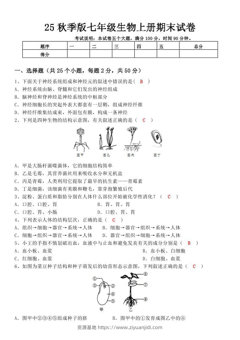 【2025秋新版】七年级生物上册期末试卷-资源基地