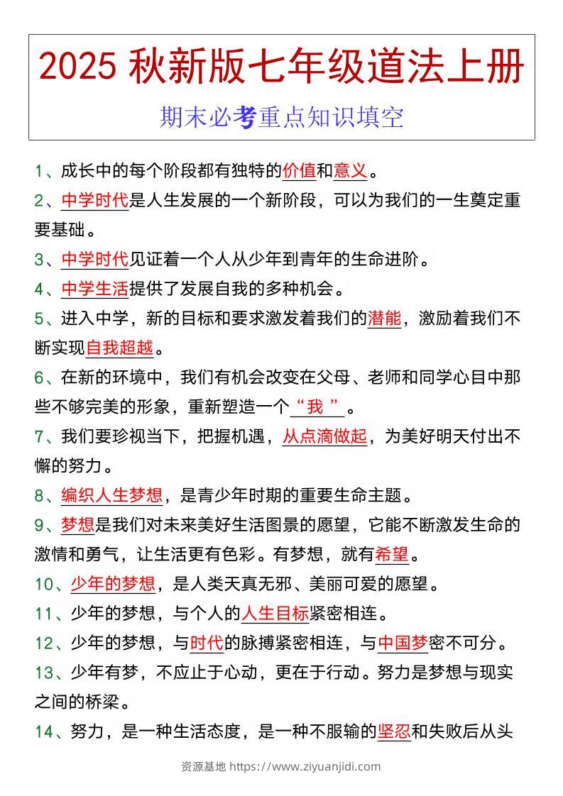 七年级道法上册期末必考重点知识填空-资源基地