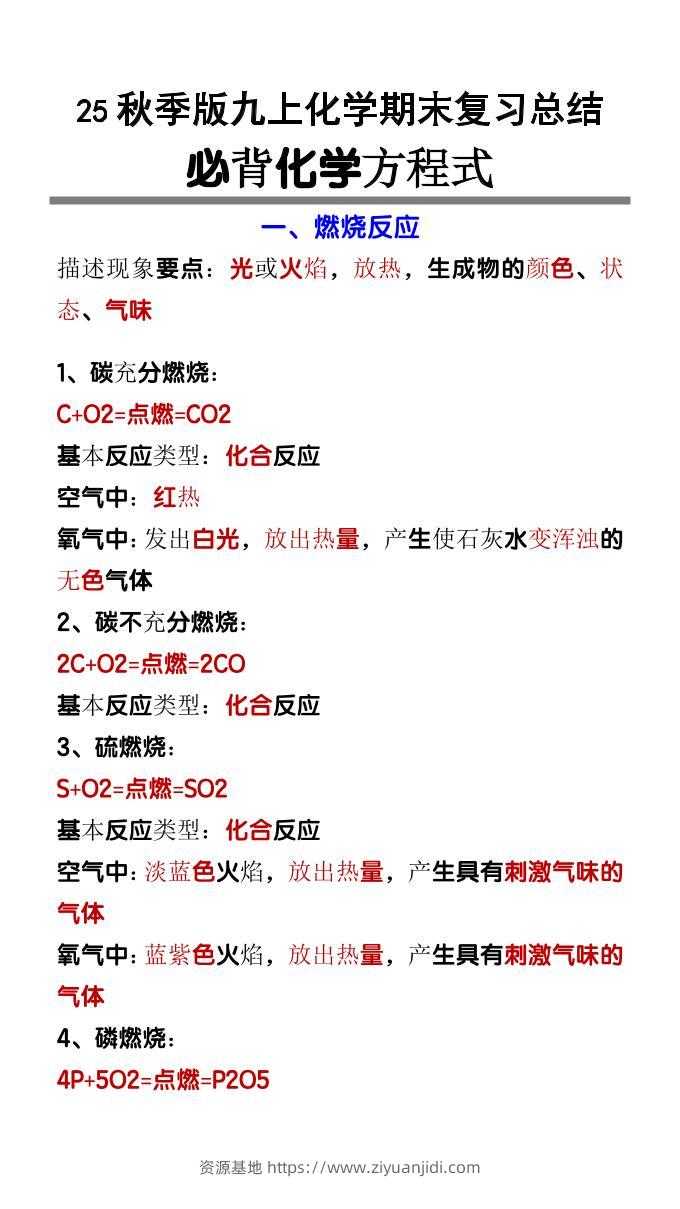 【2025秋新版】九上化学必背化学方程式-资源基地
