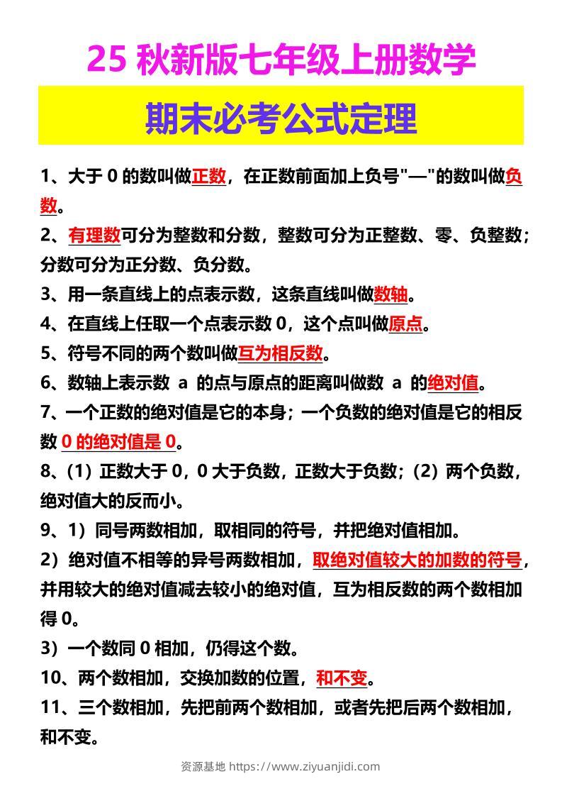 【2025秋新版】七年级上册数学期末必考公式定理-资源基地